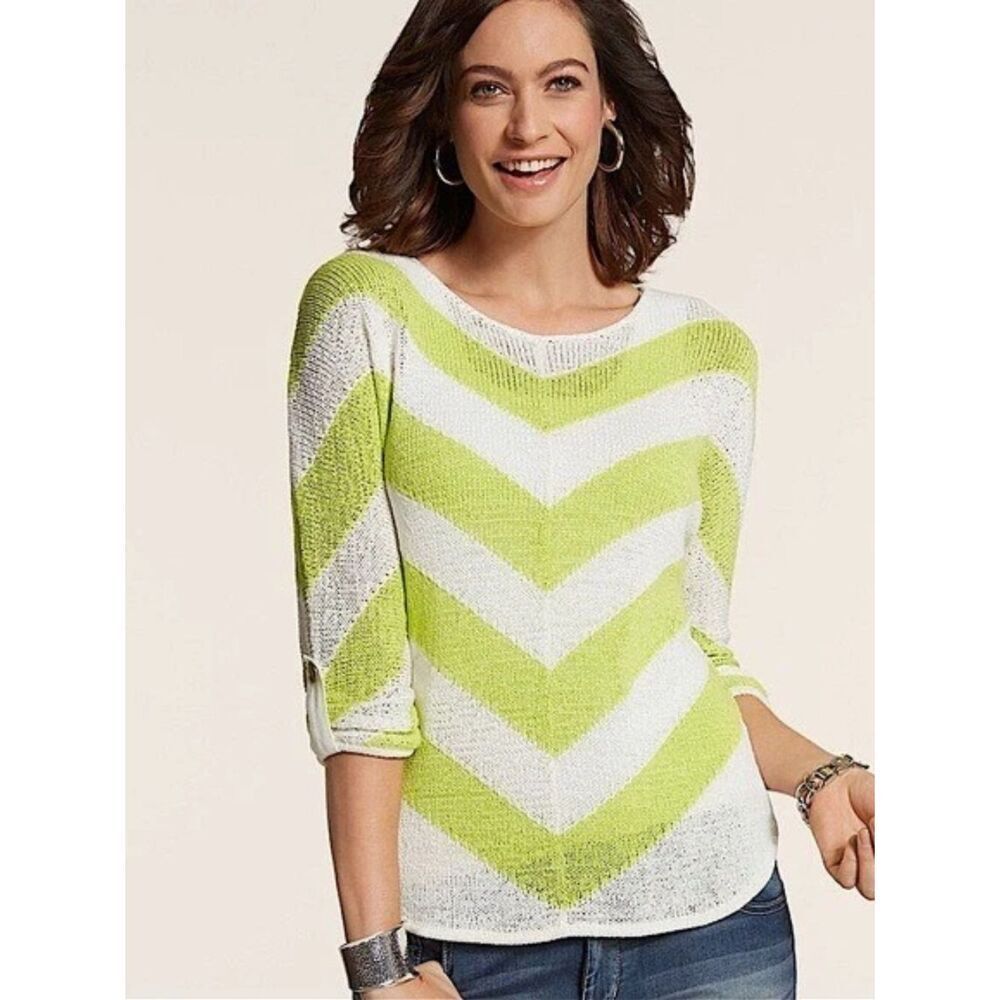 Chico's Women's Mitered Stripe Quinley Pullover in Lime Green/White Size 2/Large